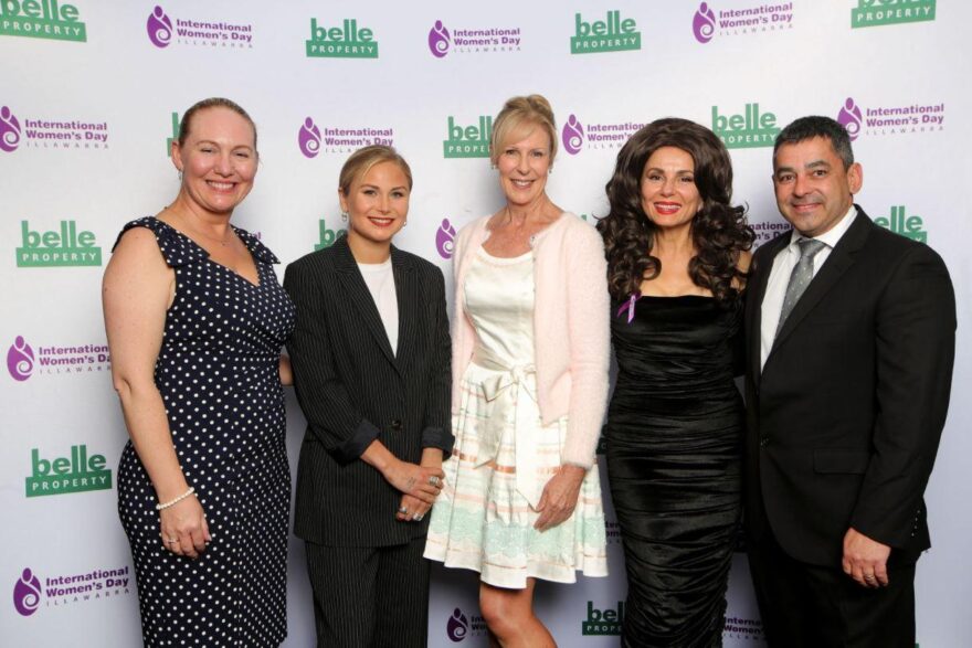 Douglas Partners' Rachel Collier and Arthur Castrissios with Australian of the Year, Grace Tame and Detective Superintendent Deb Wallace and Effie at the IWD luncheon 2021